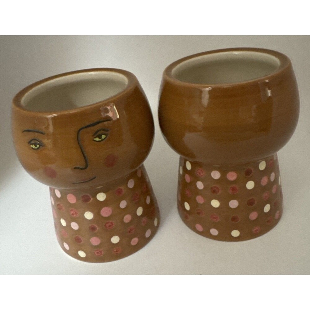 Opalhouse Stoneware Face Boho Planter Pink Red Cream Polka Dots  Brown Lot Of 2